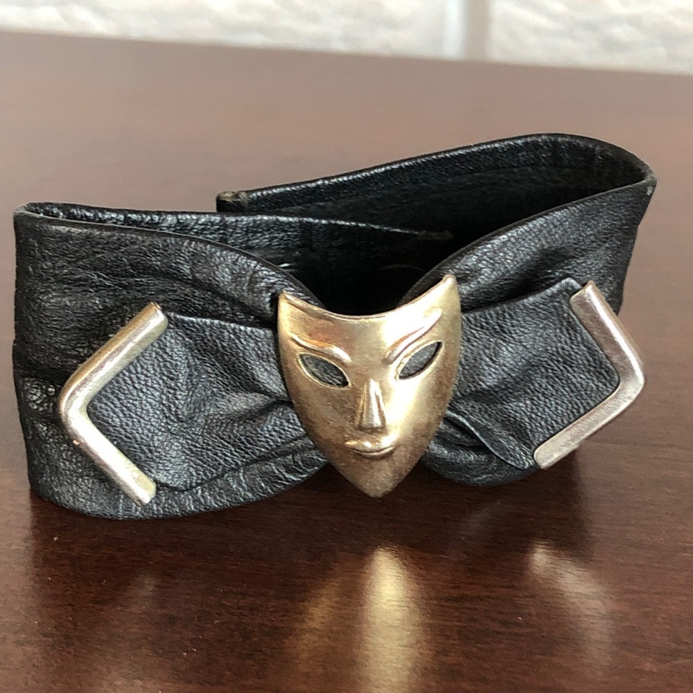 Black Leather Cuff bracelet Theatre buckle Venetian Drama Face Mask metal motif